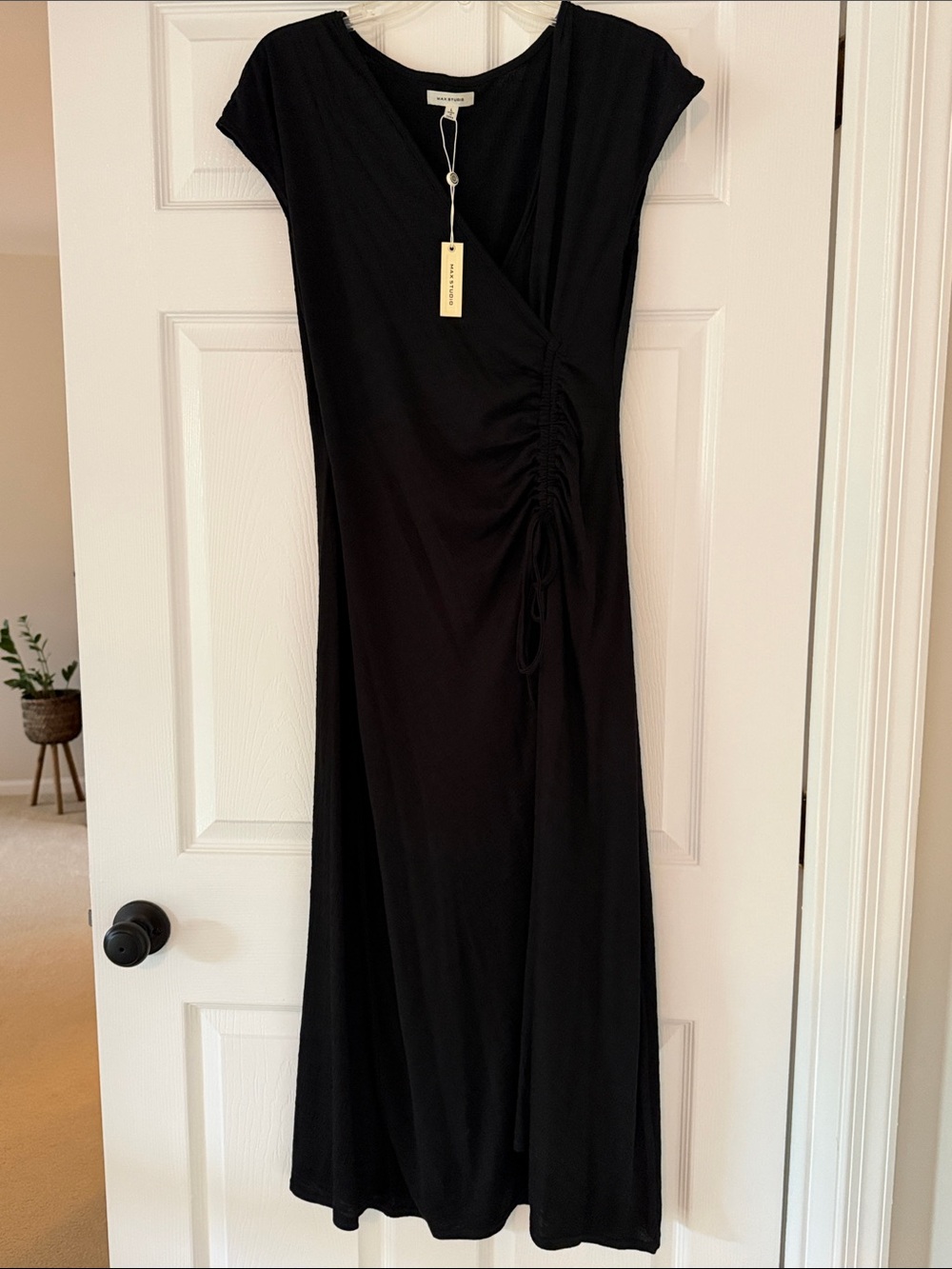 Max Studio Black Ruched-Side Cap Sleeve Maxi Dress